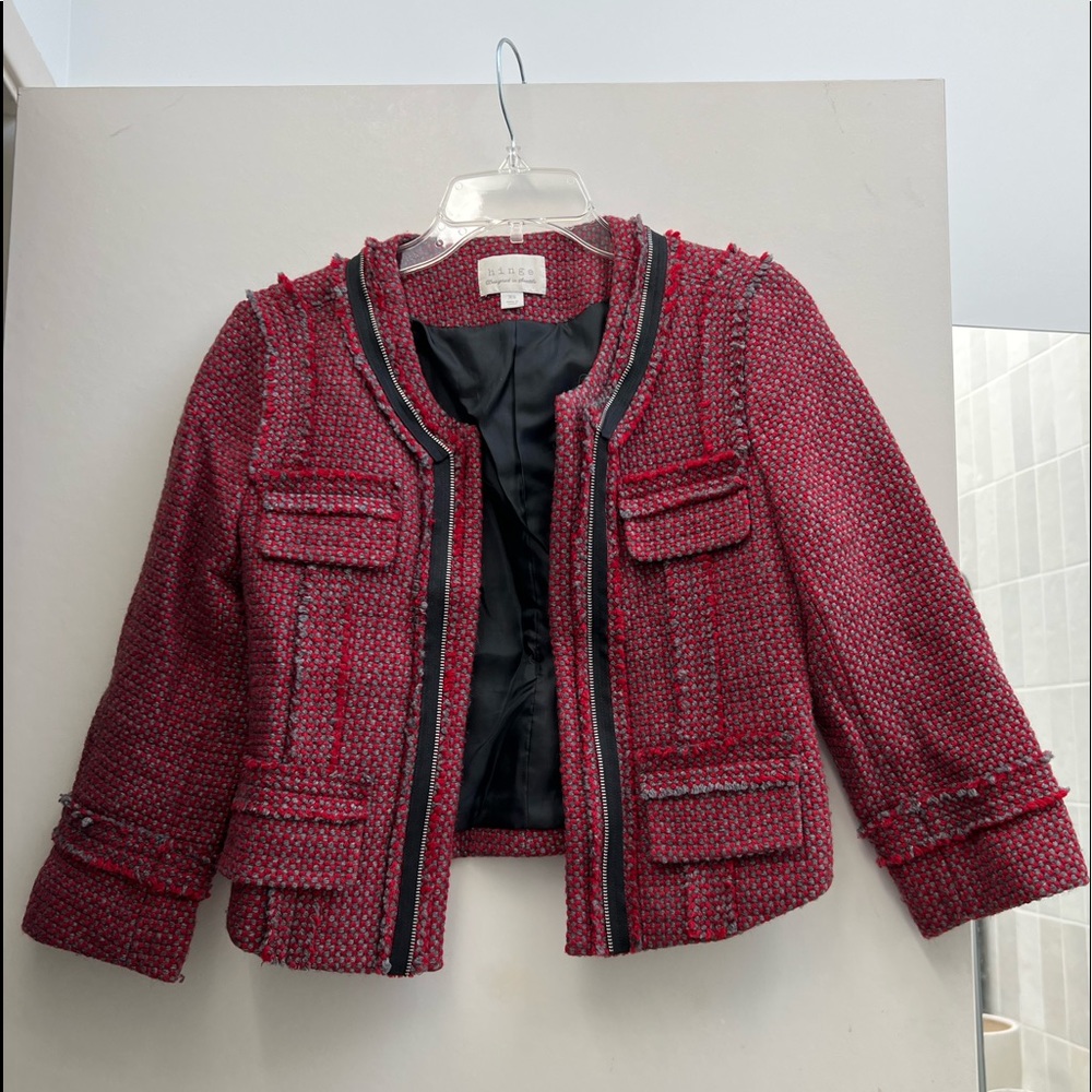 Hinge Tweed Red Gray Black Zipper Trim Line Blazer